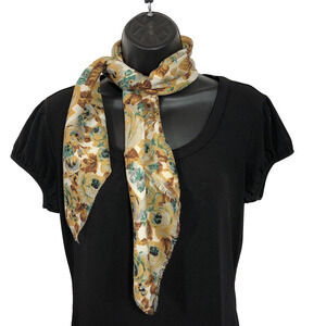 Vintage Glentex 30" Square Scarf Tan Green Floral Border w/ Fringe, Japan Made